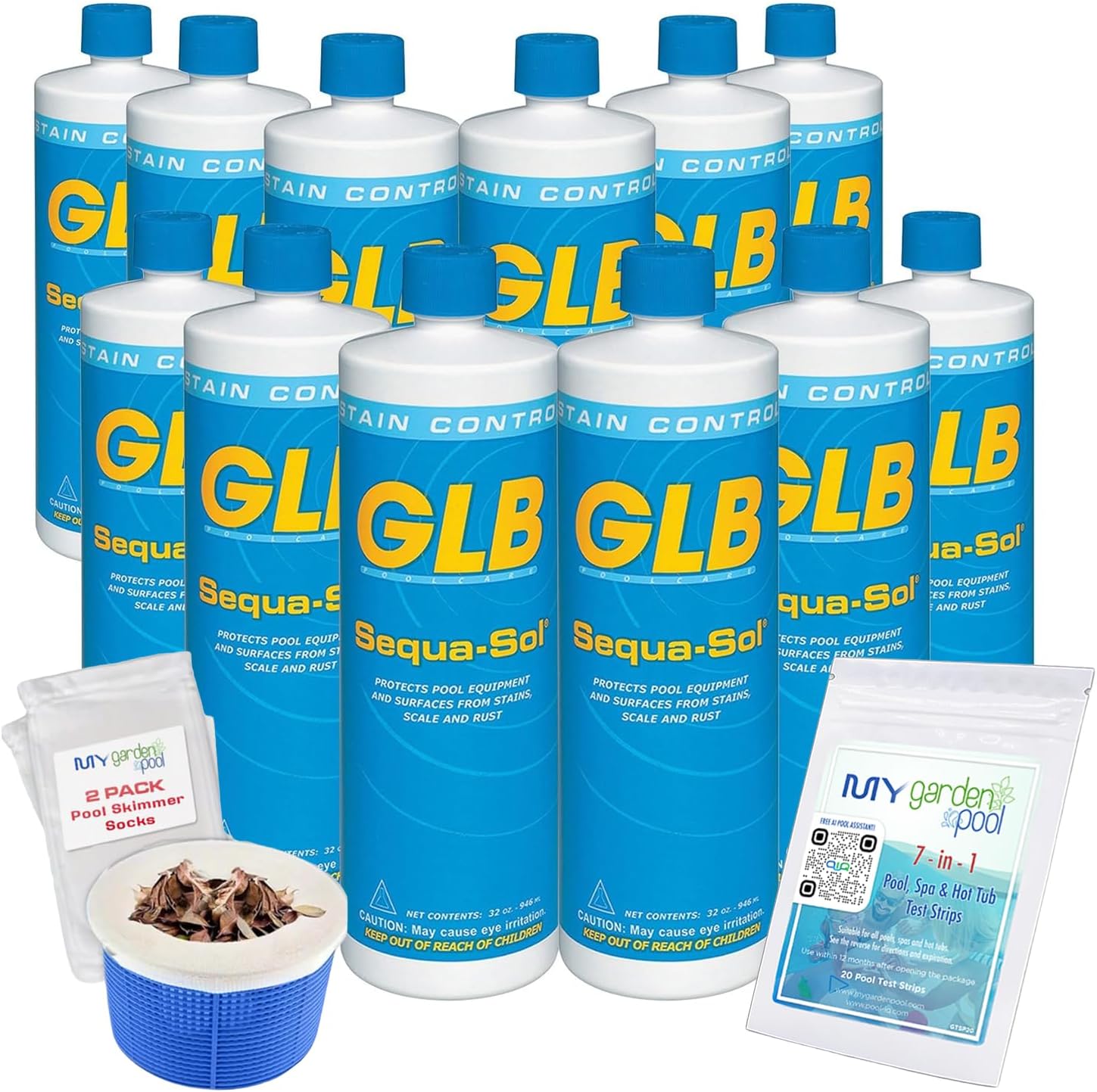 GLB Super Sequa-Sol 2 LB (71024A) Pool Water Metal Control & Scale Preventer with My Garden Pool Skimmer Socks & Test Strips, 12-Pack