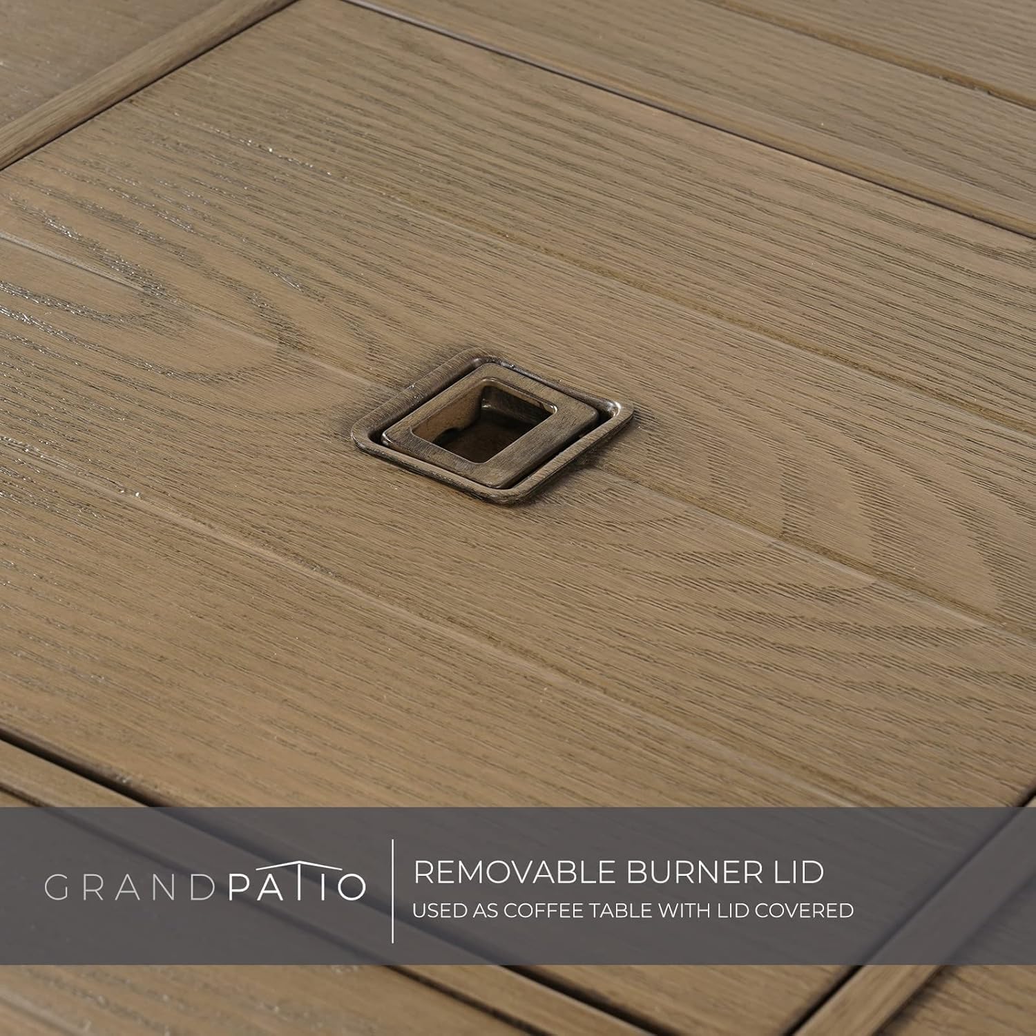 29 Inch Propane Fire Pit, Outdoor Fire Pit Wood Grain Square Smokeless Firepit Table with Sling Base, Light Brown Tabletop/Square