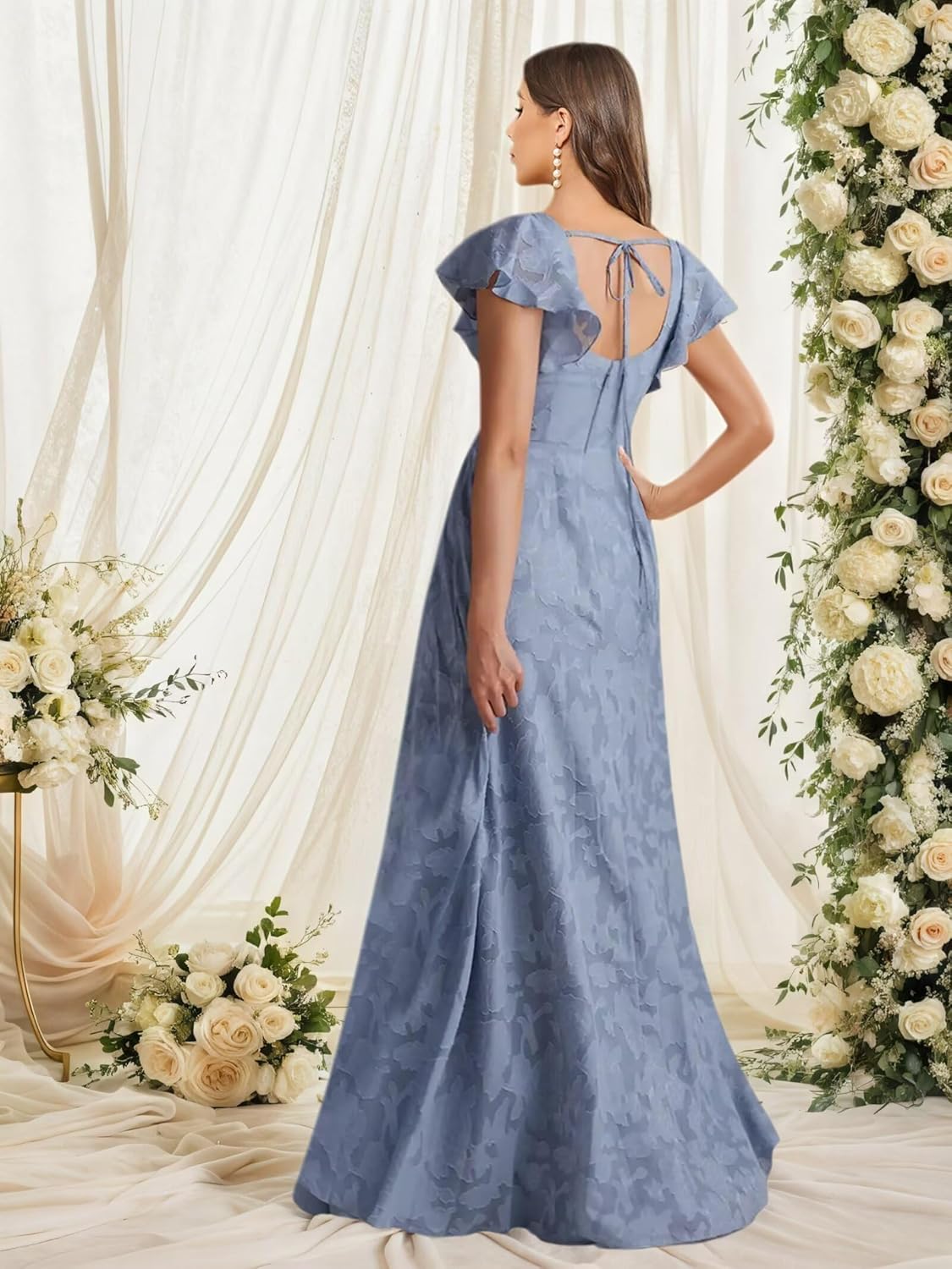 Floral Bridesmaid Dresses Long Square Neck Short Sleeve Formal Evening Gowns with Slit