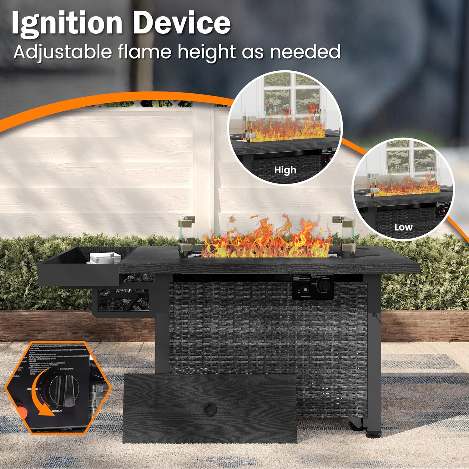 52 Inch Wicker Patio Fire Table, 50,000BTU Propane Fire Pit Table with Glass Wind Guard, Side Basket, Cover, CSA Certified, Outdoor Fire Pit for Garden, Backyard, Balcony, Poolside, Grey