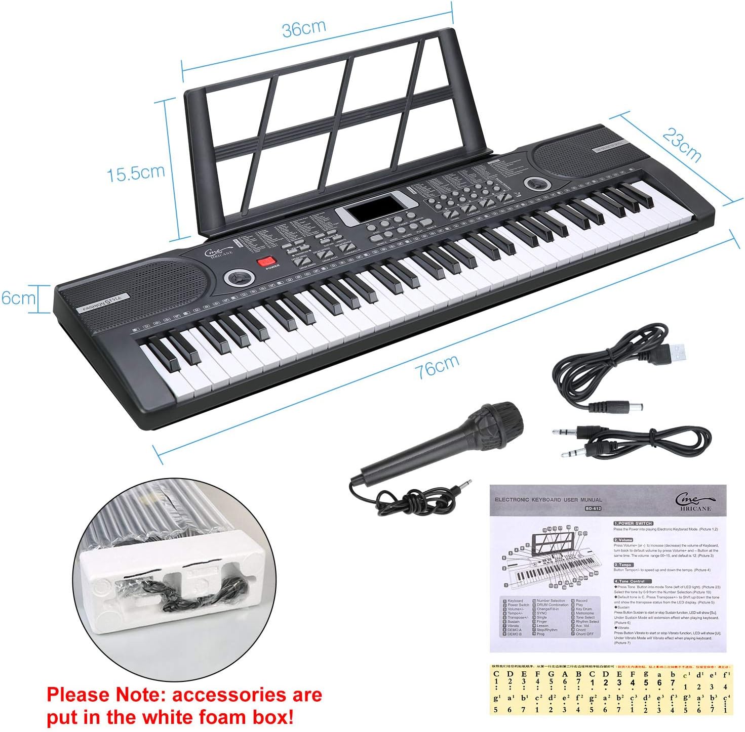 Hricane Piano Keyboard, 61 Keys Beginner Electronic Keyboard Portable Digital Music Keyboard, Early Education Music Instrument with Microphone & Music Sheet Stand