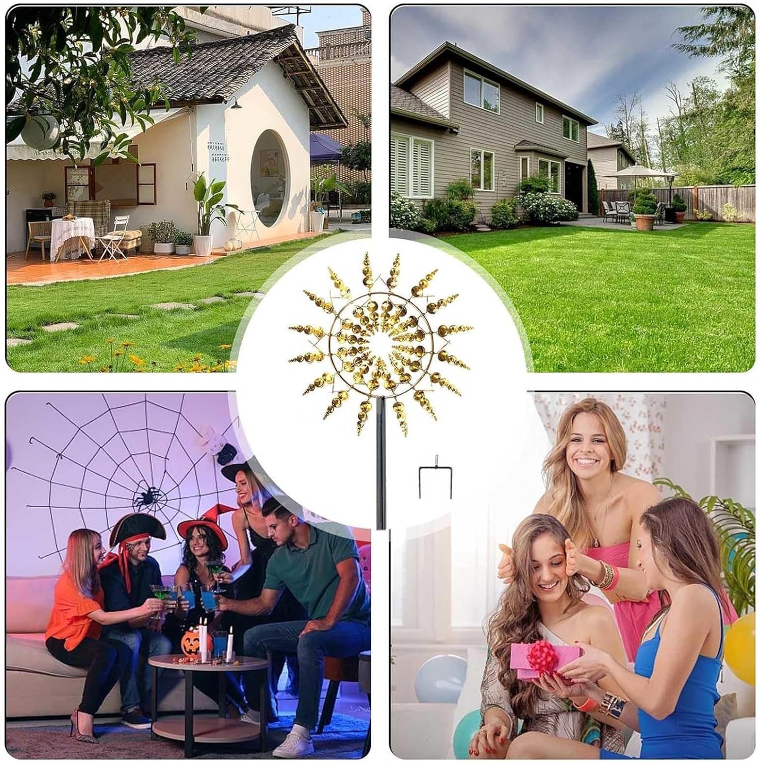 Solar Magical Metal Windmill, Garden Wind Mill 3D Wind Powered, 13.4 x 71in Solar Windmill Light,Gold