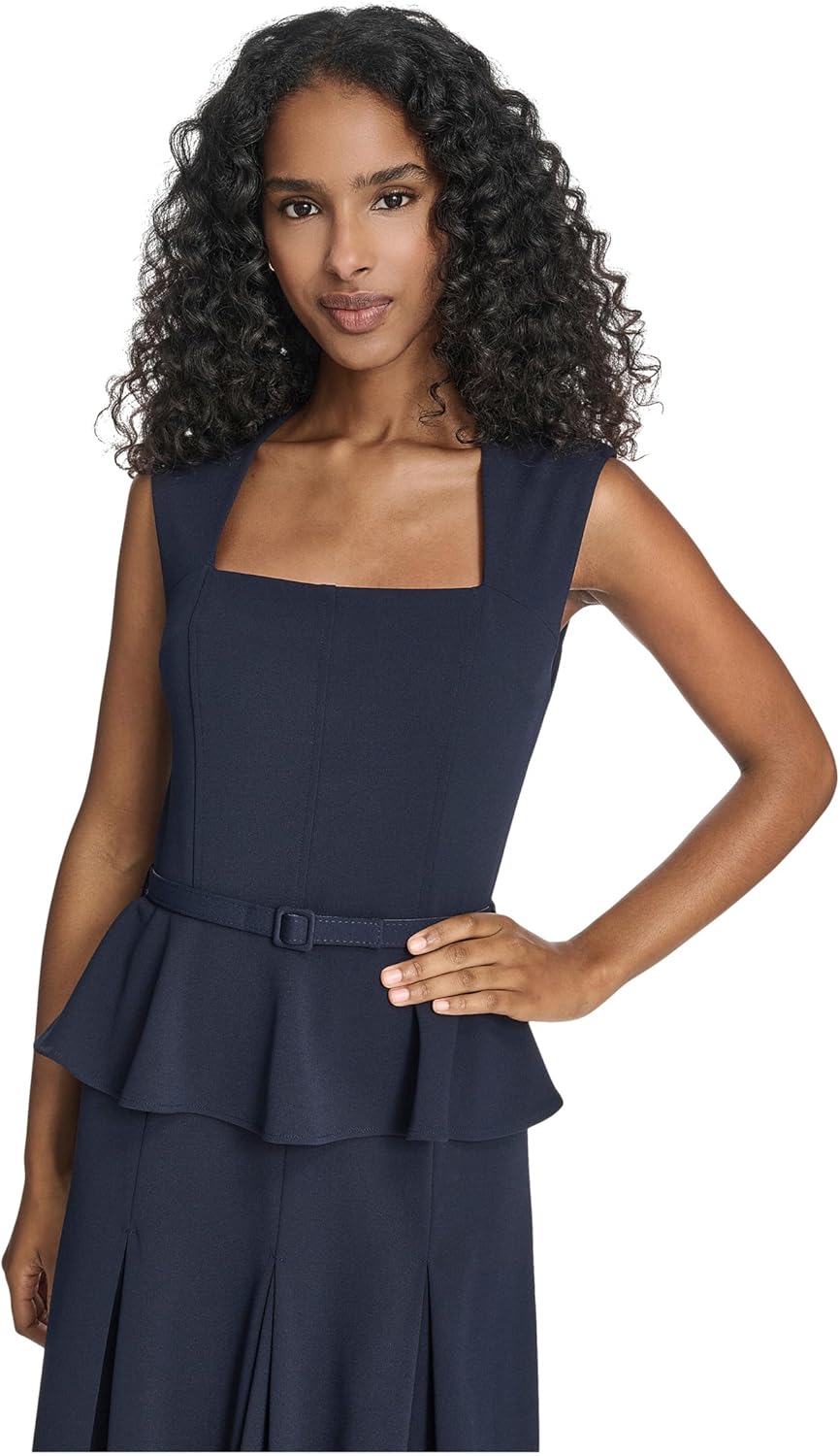 Calvin Klein Womens Sleeveless Square Neck Peplum Crepe Midi Dress