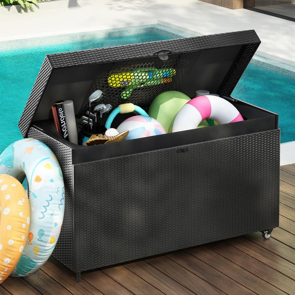 200 Gallon Wicker Deck Box with Wheels, All-Weather Outdoor Storage Box, Rattan Storage Bin for Patio Furniture, Outdoor Cushions, Pool Storage and Garden Tools (Black)