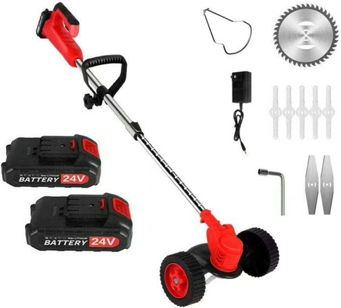 Electric Lawn Mower, 24V Lithium Mower with Wheels Lawn Mower Household Weeding Machine, Rosso, Two Charge