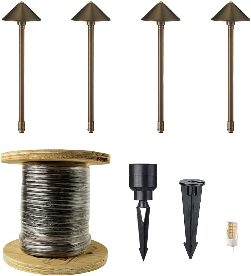 VOLT 12V Solid Brass Conehead LED Path Light 4-Pack Expansion Kit (Bronze) for Low Voltage Landscape Lighting on Outdoor Pathway, Walkway, Garden, Driveway or Patio