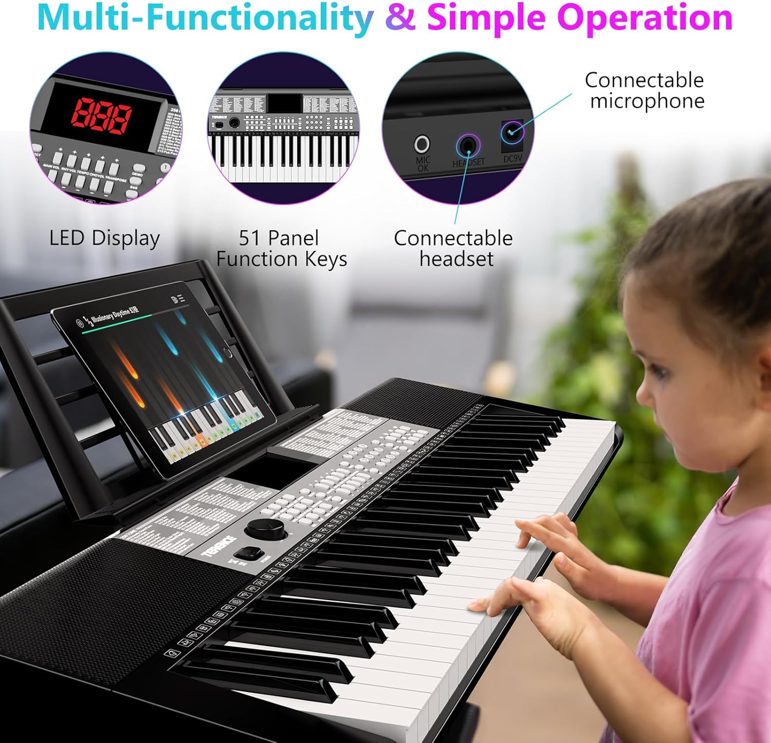 TERENCE Keyboard Piano 61 Keys Dual HiFi Speakers Digital Piano with 51 Panel Function Buttons LED Display Dual Keyboard 2 Power Options Electric Piano Support for Headset and Microphone
