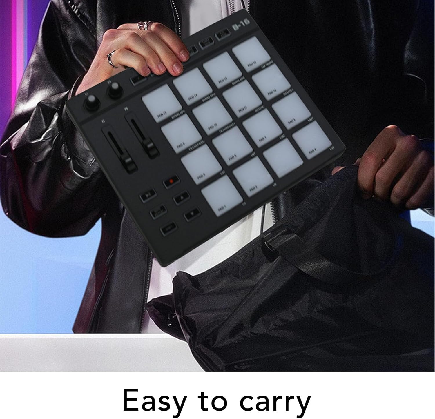 MIDI Pad Controller - Portable MIDI Drum Pad Controller with 16 RGB Backlit Beat Pad, 2 Assignable Fader, 2 Adjustable Knobs, USB MIDI Beat Maker Machine for Music Production