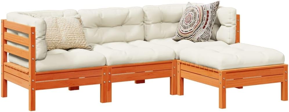 4 Piece Patio Sofa Set with Cushions Wax Brown Solid Wood Pine,Pinewood Outdoor Sofa Set: Comfortable and Durable for Patio, Terrace, or Garden Patio Furniture Sets, Outdoor Furniture Sets