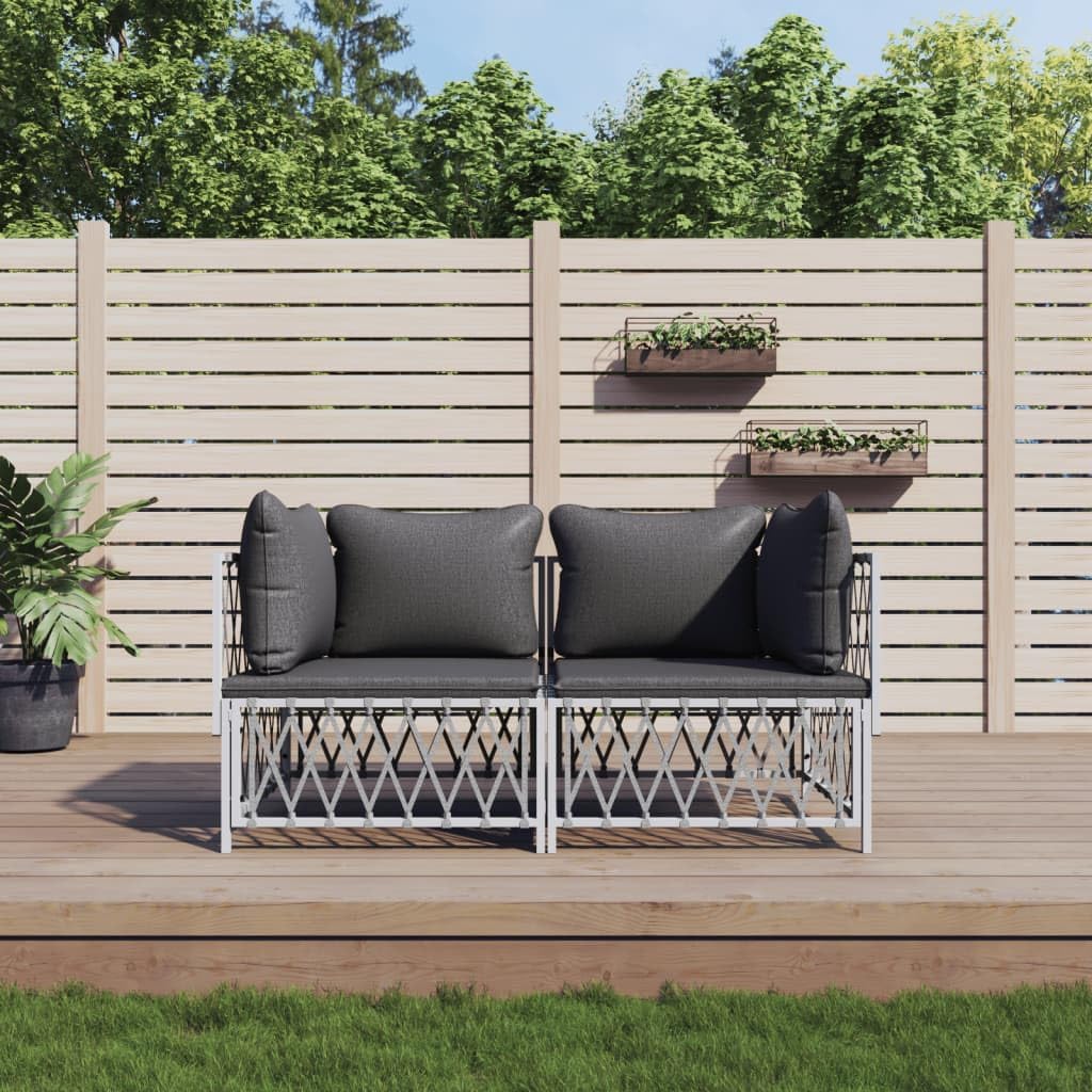 2 Piece Patio Lounge Set with Cushions White Steel,Comfortable Outdoor Lounge Set: Durable, Sturdy & Modular for Garden or Patio Patio Furniture, Outdoor Furniture Sets