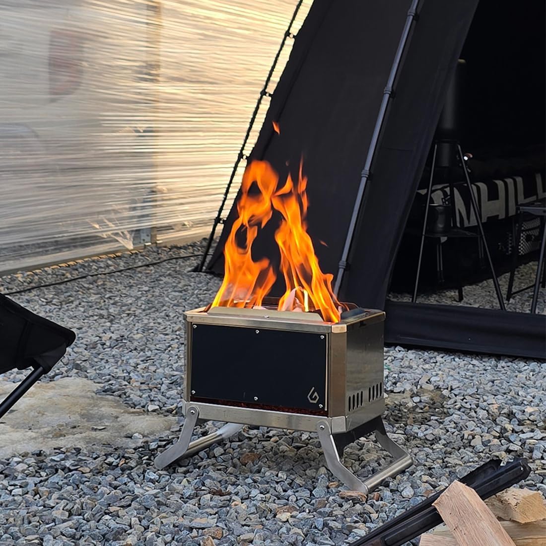 GGUBUS Wild Hunter Triple Combustion Camping Fire Pit – Foldable, Portable Dual Grill & Bonfire Stove, Low-Smoke, Triple Airflow, Ceramic-Coated, Tool-Free Assembly, Carry Bag (Khaki)