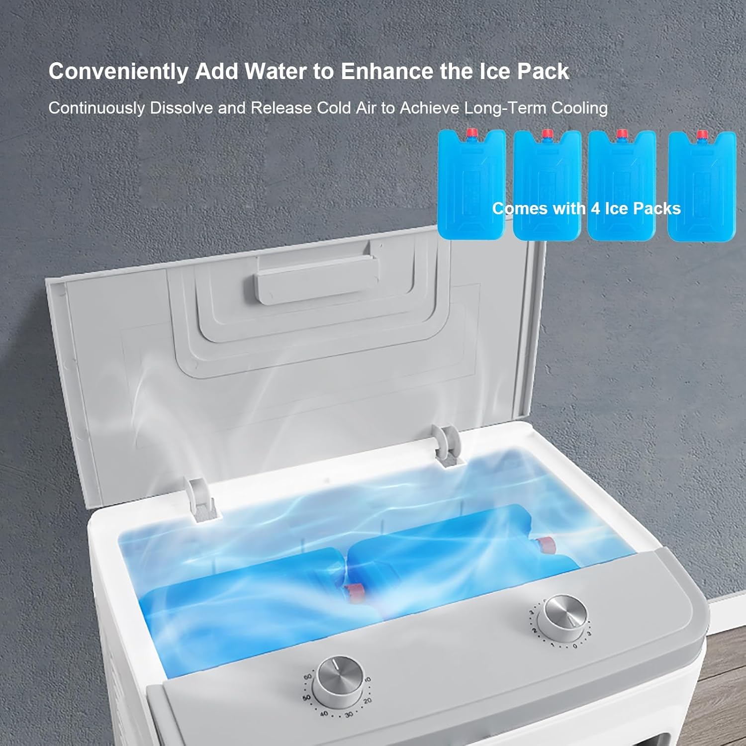 Evaporative Air Cooler, 3 In 1 Ventless Portable Air Conditioner, 8 Gallon Swamp Cooler with 90° Oscillation, 4 Ice Packs, 3 Speeds Cooling Fan For Home, Office, Supermarket