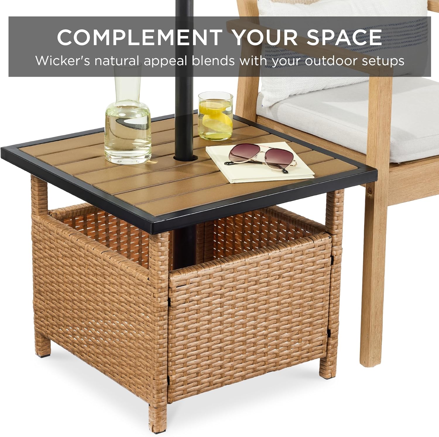 Best Choice Products Wicker Side Table with Umbrella Hole, Square PE Rattan Outdoor End Table for Patio, Garden, Poolside, Deck w/UV-Resistant Frame, Storage Space - Natural