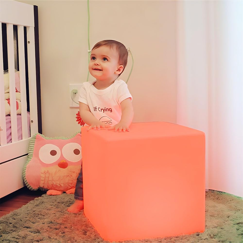 LED Cube Chair for Kids, 14-Inch RGB Color Changing LED Cube Seat w/Remote, Versatile Lighted Up Modern Side Table Glowing Nightstand Soothing Mood Light for Bedroom Living Room Patio, Fun & Practica