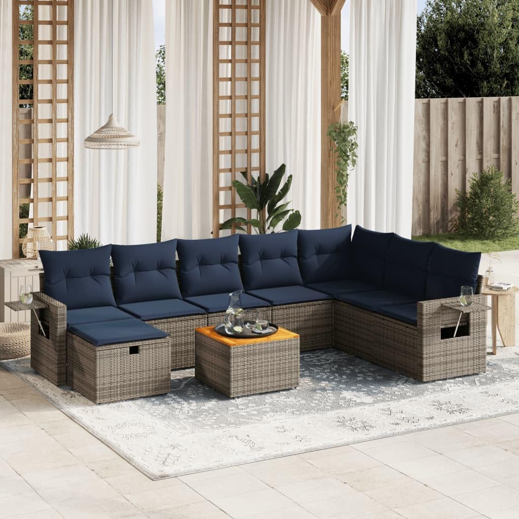 9 Piece Patio Sofa Set, Gray Poly Rattan Outdoor Sectional Furniture with Acacia Wood Table, Navy Cushions, UV-Proof, for Backyard Terrace