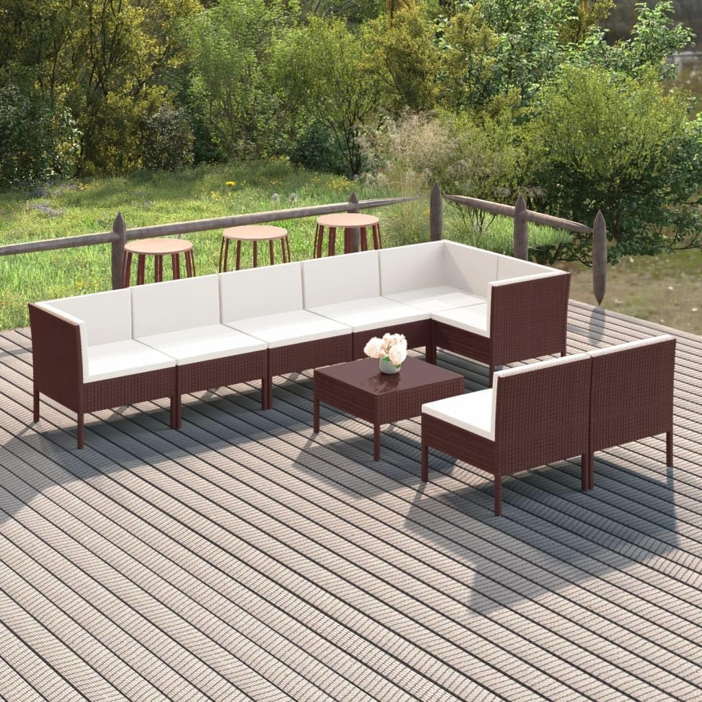 9-Piece Garden Lounge Set, Brown PE Rattan, Cream White Cushions, Modular Outdoor Patio Furniture Seating for 8, Balcony Dining Table and Chairs