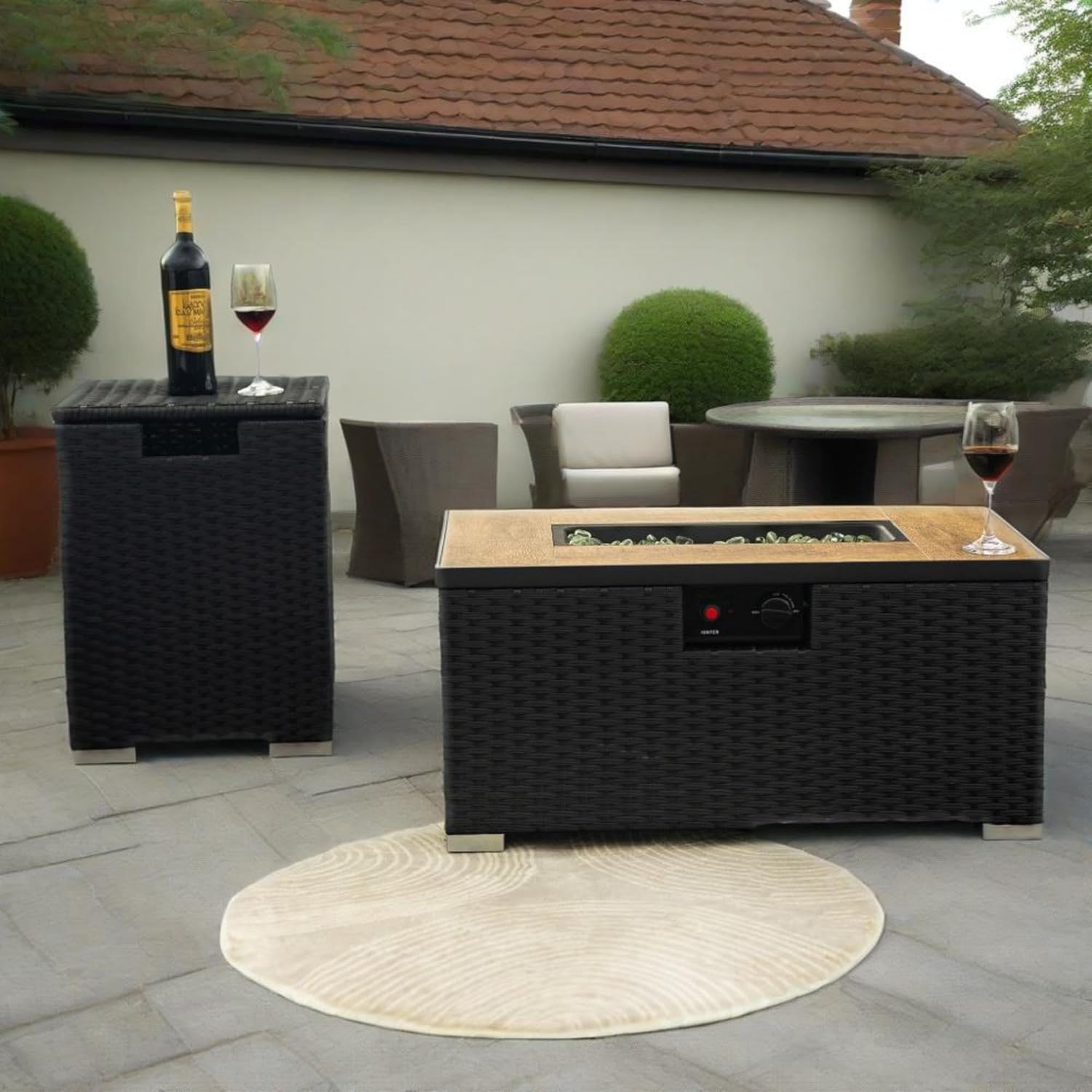 50000BTU 32 inch Rectangular Liquid Propane Fire Pit Table Ceramic Tile Top Dark Brown Resin Wicker Base Durable Steel Frame Complete Kit