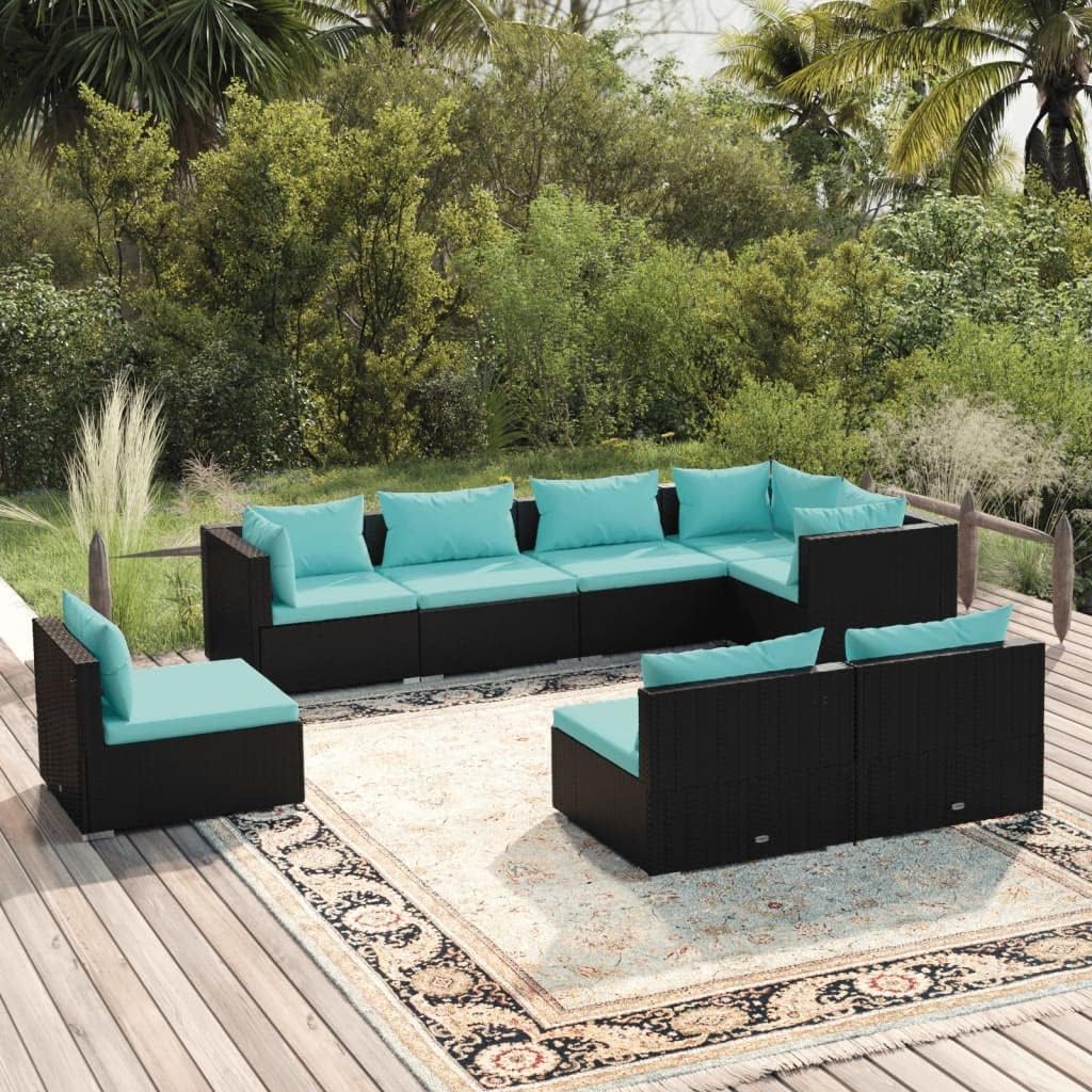 8 Piece Patio Lounge Set with Cushions Poly Rattan Black,Premium Poly Rattan Patio Lounge Set: Ultimate Relaxation for Outdoor Spaces Patio Furniture Sets, Outdoor Furniture Sets