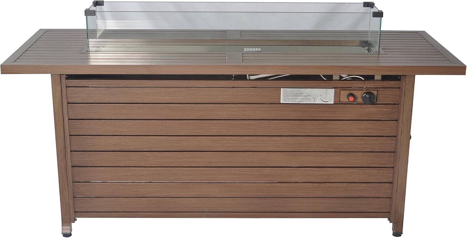 Legacy Heating 59 in. x 21 in. Rectangle Extruded Steel Propane Fire Table with Wind Glass, Cover and Lid-Natural Wood Look CDFP-S-Cbwood