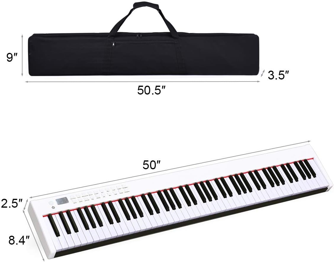Costzon BX-II 88-Key Portable Touch Sensitive Digital Piano, Upgraded Electric Keyboard with MIDI/USB Keyboard, Bluetooth, Dynamics Adjustment, Sustain Pedal, Power Supply, and Black Handbag (White)