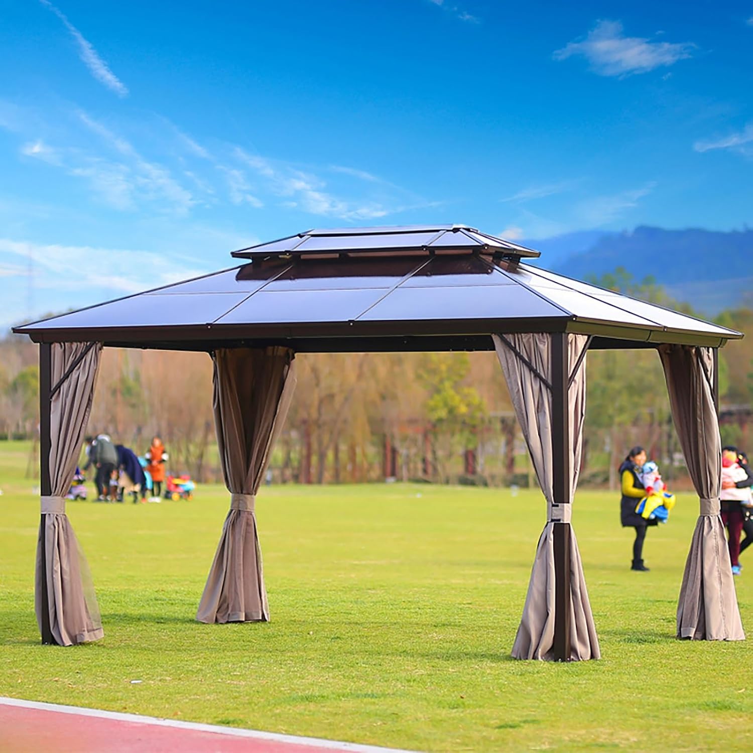 Aluminum Outdoor Pergola Patio Gazebo Pavilion, Garden Canopy with Net Curtains, Waterproof Sun Shelter for Backyard, Courtyard, Terrace, Villa Or BBQ Area