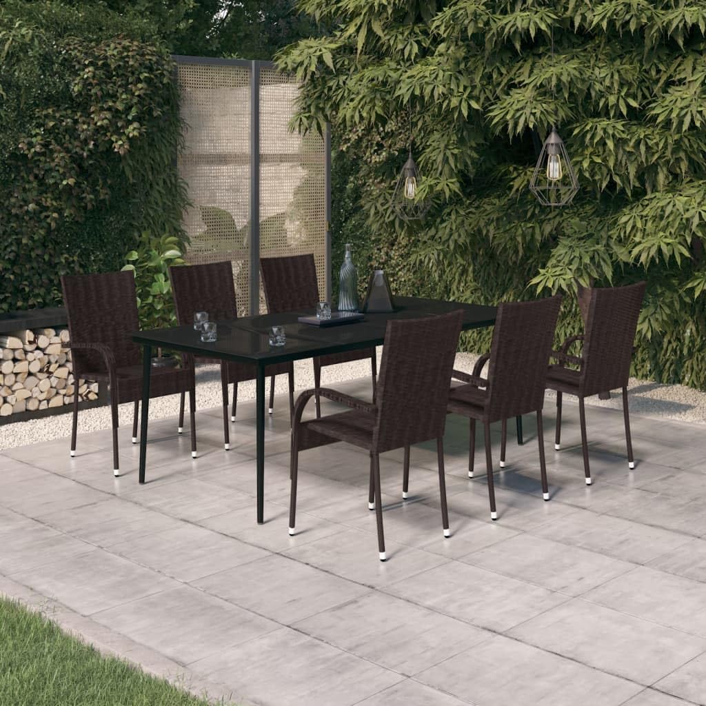 7-Piece Modern Garden Dining Set, Brown PE Rattan, Rectangular Outdoor Table and 6 Chairs, Patio Furniture Set for Balcony, Terrace, Weather-Resistant
