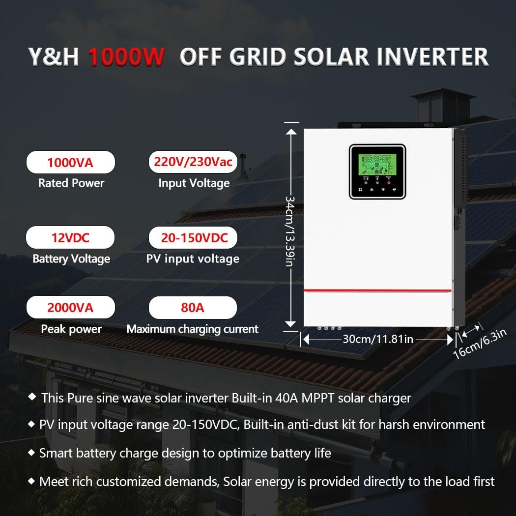 Y&H 1000W Solar Hybrid Inverter DC12V to AC230V, Off-Grid Pure Sine Wave Inverter with 40A MPPT Solar Charger Max PV 600W DC150V Input,fit for 12V Lead-Acid/Lithium Battery
