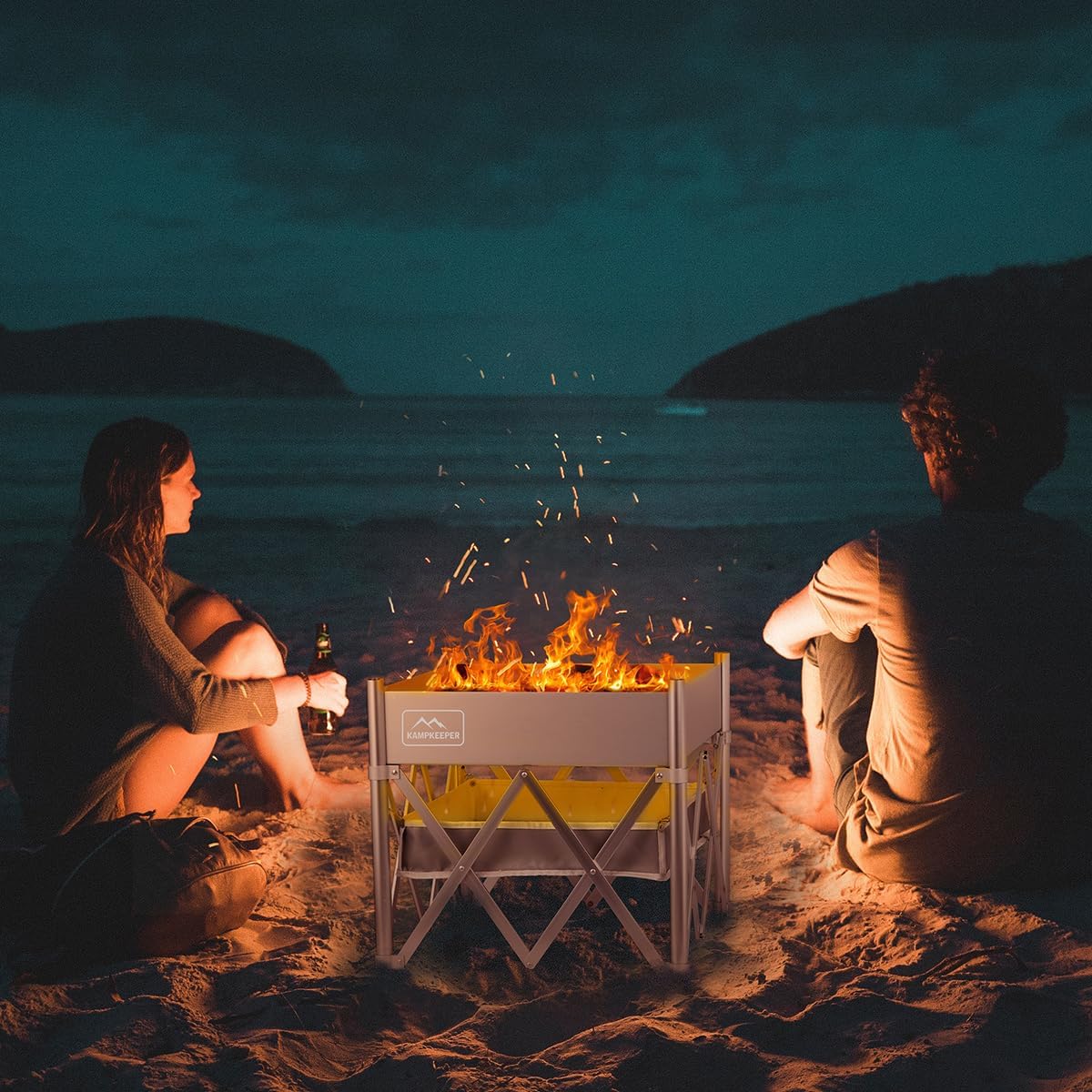 KAMPKEEPER Portable Fire Pit, Outdoor Tabletop Firepit 18 Inch, 304 Stainless Steel Wood Burning Fireplaces, Collapsible Pop Up Fire Pit for Outside, Included Heat Shield for Leave No Trace Fires