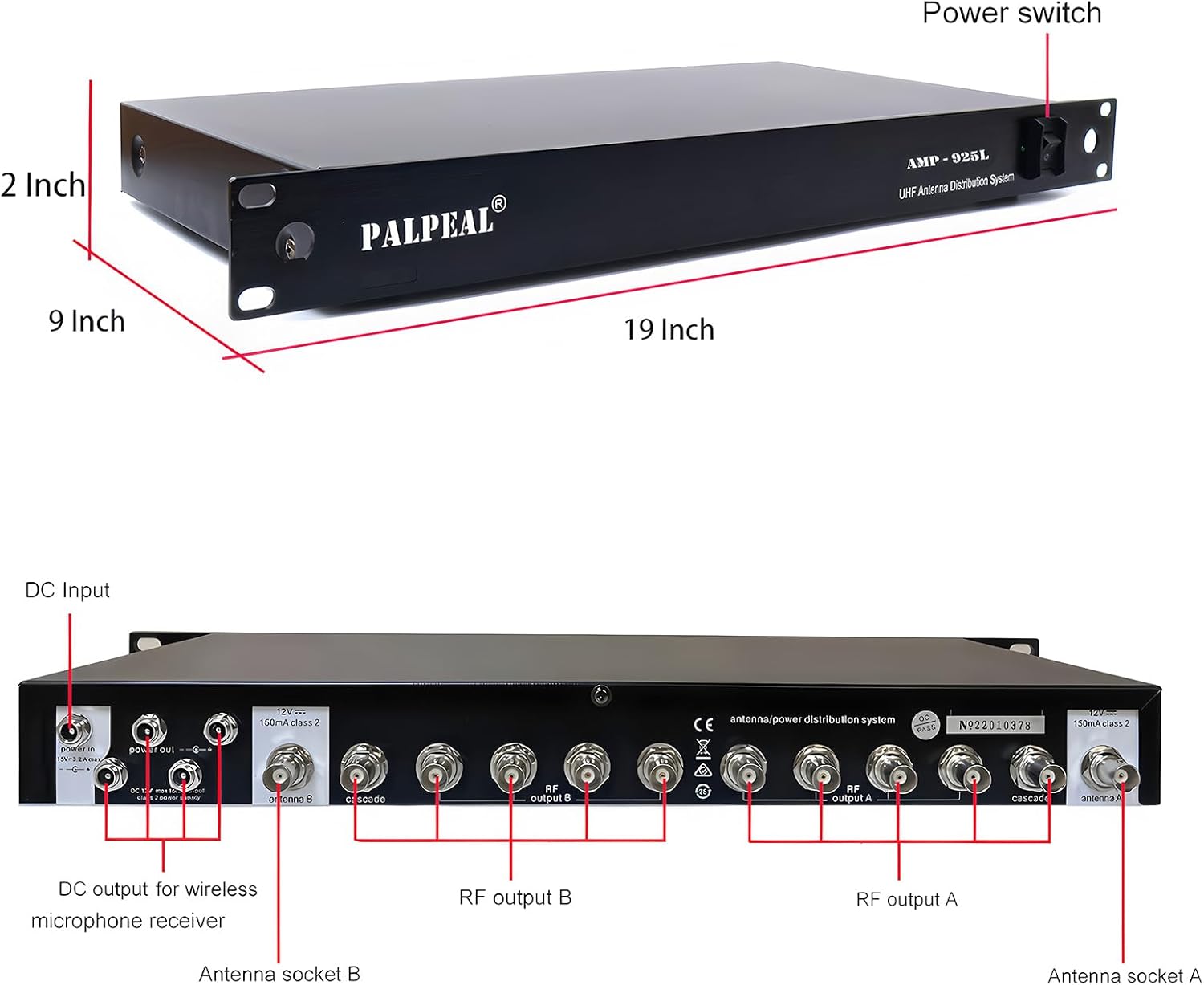 AMP-925L 10 Channels UHF Wireless Antenna Distribution System,8 Outputs +2 Cascade Ports,Wireless Microphone Antenna Amplifier/Signal Amplifier,Active Directional Antenna Paddle