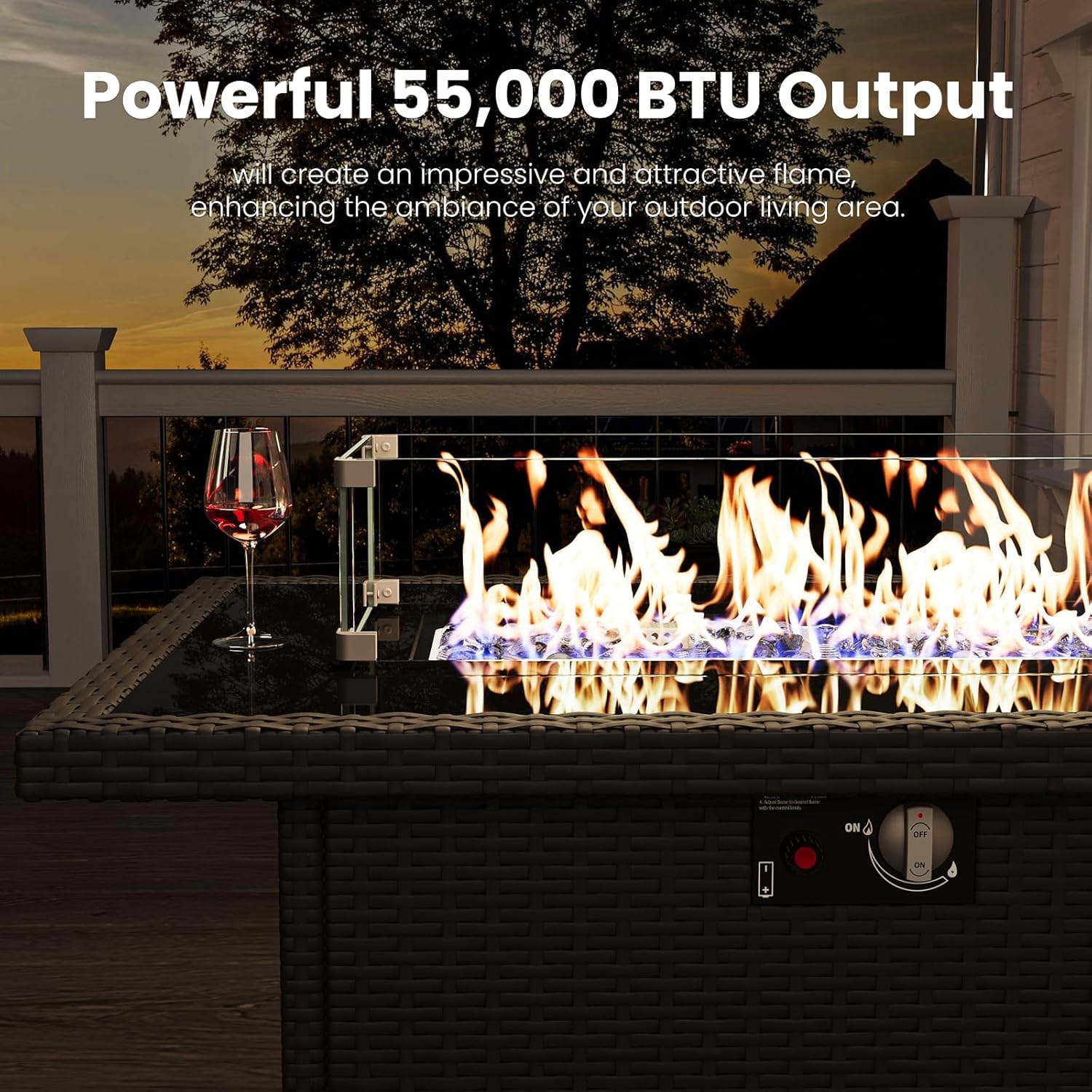 Rectangular Fire Pit Table, 44 inch Propane Gas Fire Pit with Glass Rocks, Wind Guard Glass Shield, Waterproof Cover for Outside Patio Backyard Deck Balcony