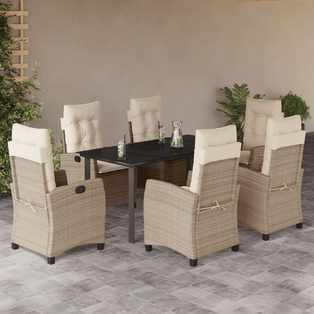 7 Piece Patio Dining Set with Cushions Beige Poly Rattan,Outdoor Dining Set with Adjustable Reclining Garden Chairs, Durable PE Rattan and Glass Table Furniture Sets for Patio, Lawn & Garden