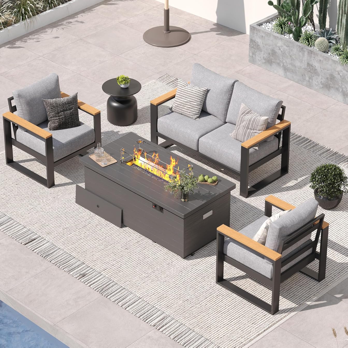Sundale Outdoor 4 Piece Patio Furniture Set, Modern Aluminum Outdoor Furniture Sets with Fire Pit Table and 6