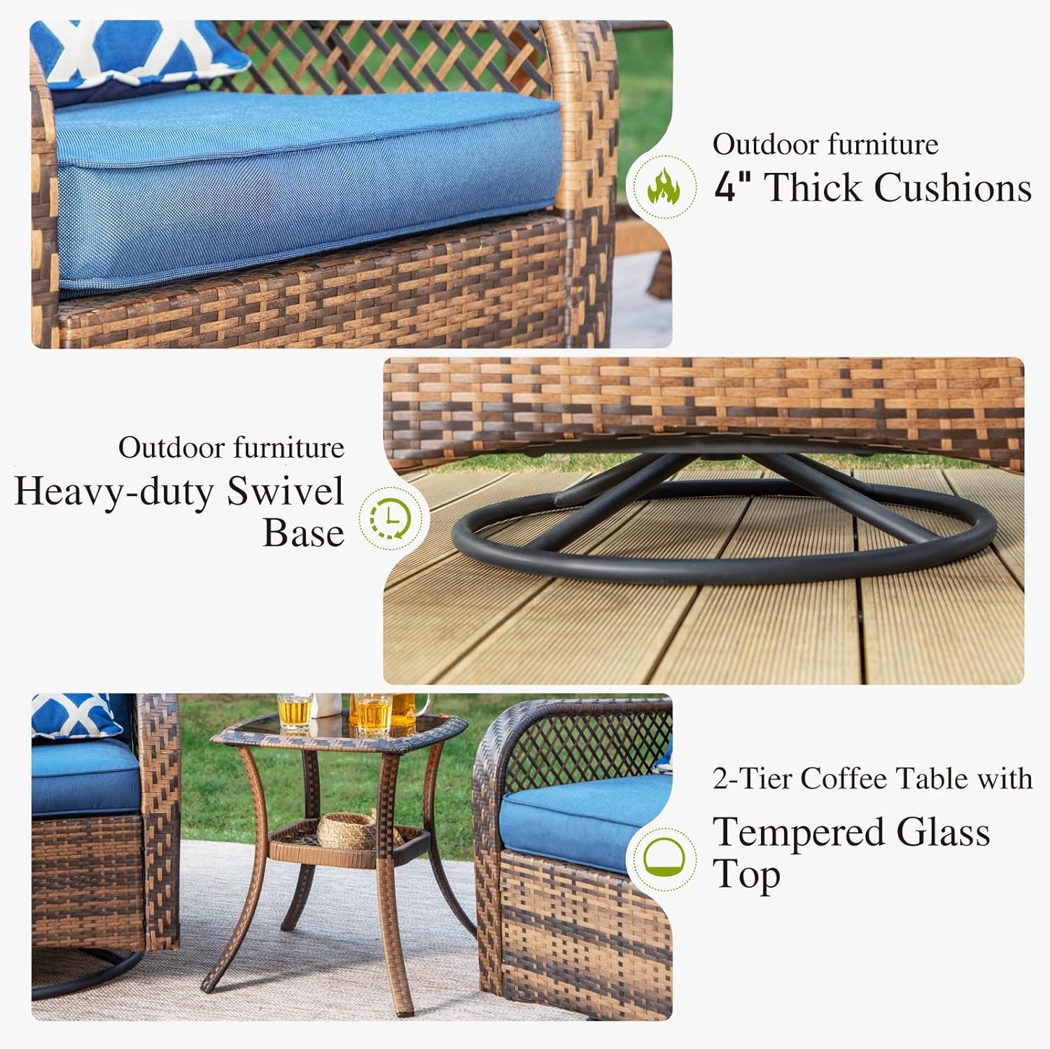 PHI VILLA 4-Piece Outdoor Swivel Rocker Chairs Set with Fire Pit Table, Rattan Patio Furniture Set Supports 350lbs, with 2 Rocking & Swivel Chairs, 1 Coffee Table, and 1 Fire Pit