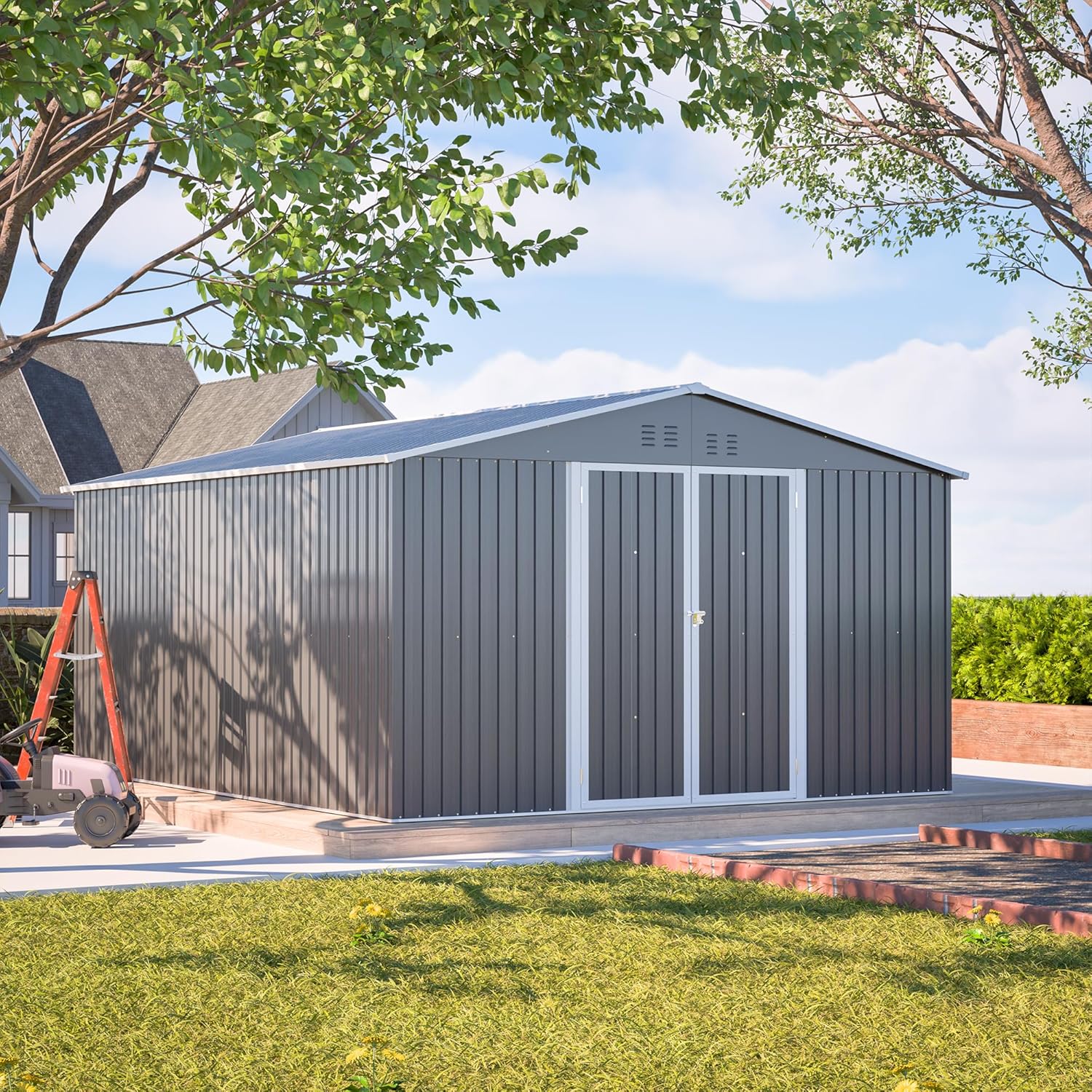 11x13 FT Outdoor Metal Storage Shed with Floor Frame, 140.5 sq.ft Heavy-Duty Garden Tool Shed with Double Doors, Waterproof Roof, All-Weather Steel Utility Shed for Backyard, Lawn, Patio
