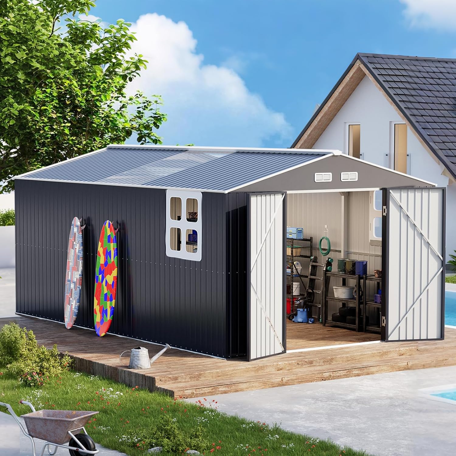 10x16 FT Metal Outdoor Shed Extra Large Waterproof Tools Storage House with Skyview Windows Air Vent Reinforced Frame for Outside Garden Backyard to Store Bikes,Lawnmower,Garage,Dark Grey