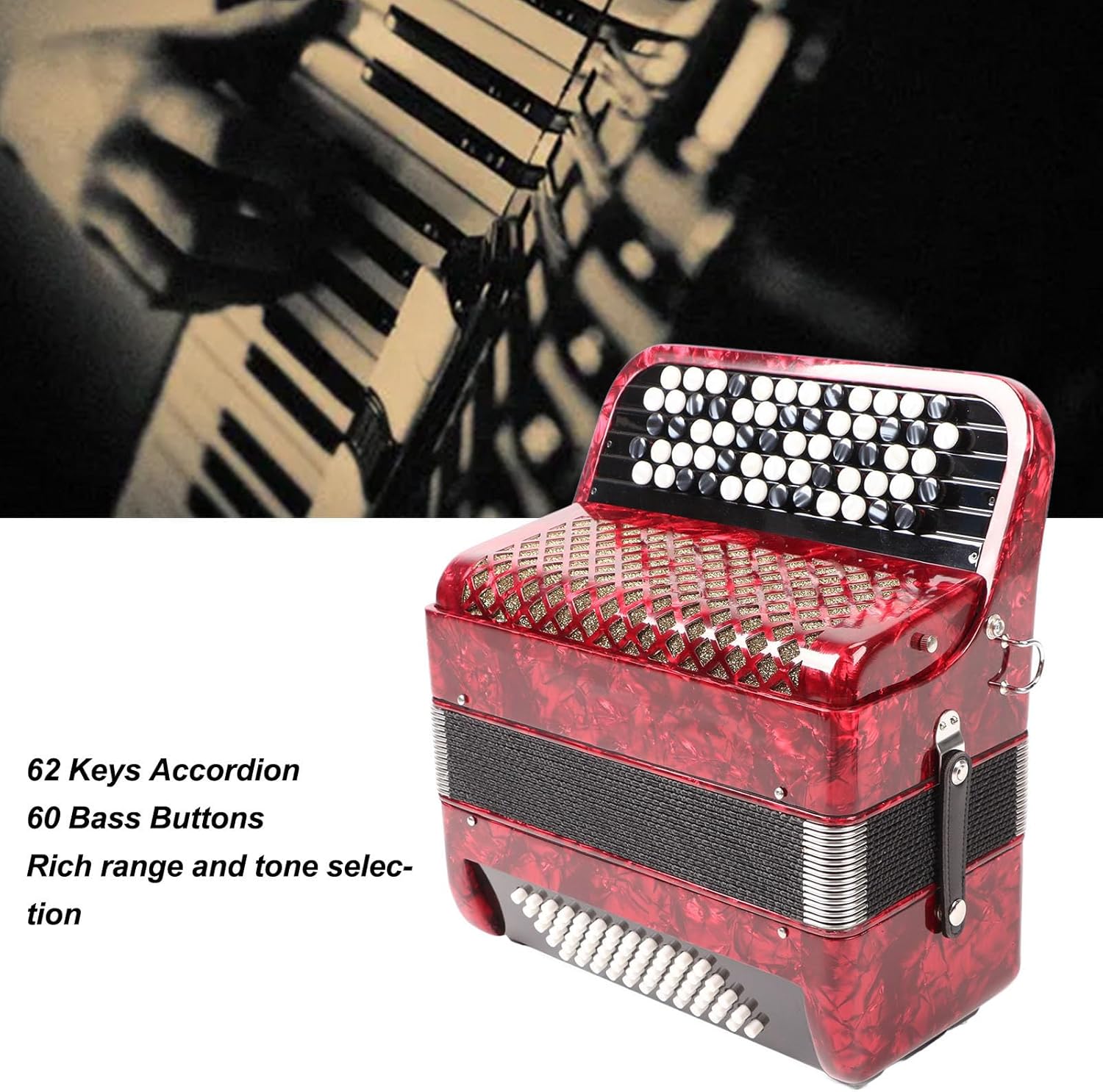 Yoidesu Accordion, 62 Keys 60 Bass Premium Accordion for Beginners and Professionals with Backpack and Carrying Strap, Premium Portable Button (Red)