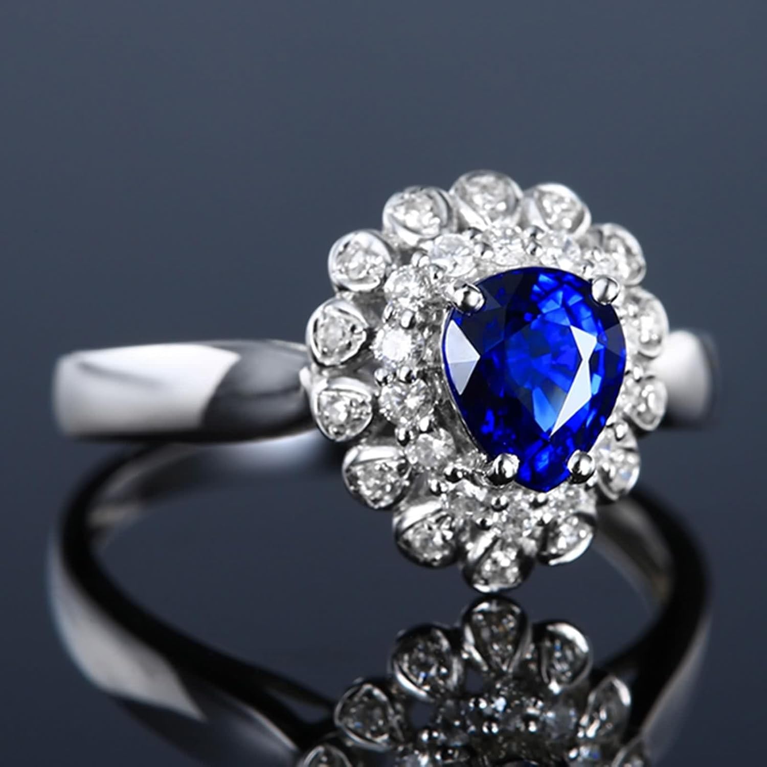 Engagement Rings for Women Flower, Wedding Ring Lab Created Sapphire Band 18K White Gold with Moissanite Birthday Gift for Her