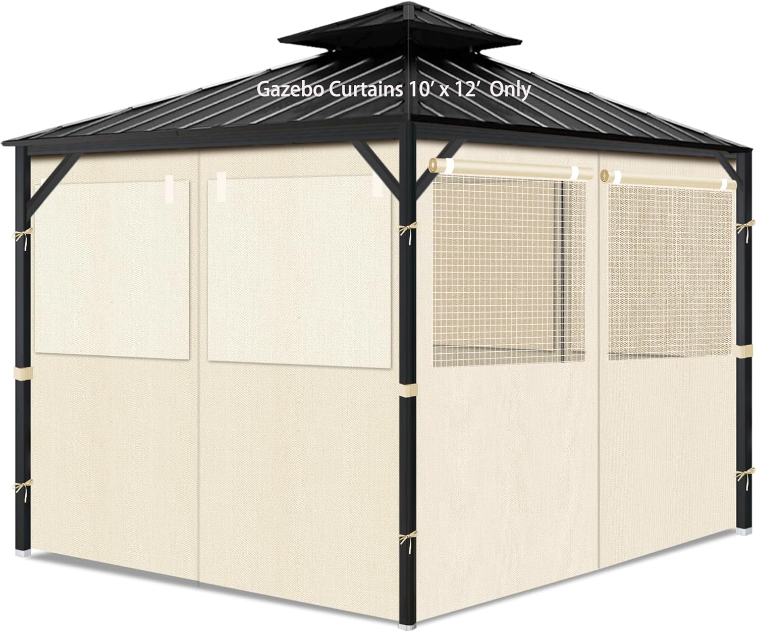 Gazebo Privacy Curtains 10' x 12' with Mosquito Windows, 4-Panels Side Wall with Zipper Universal Replacement for Patio, Outdoor Canopy, Garden and Backyard, Beige(Curtain Only)