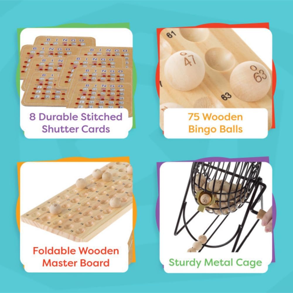 Deluxe Bingo Game with Accessories, Metal Ball Spinner, Wooden Bingo Balls & Board & Shutter Cards for Adults, Boys and Girls by Hey! Play!