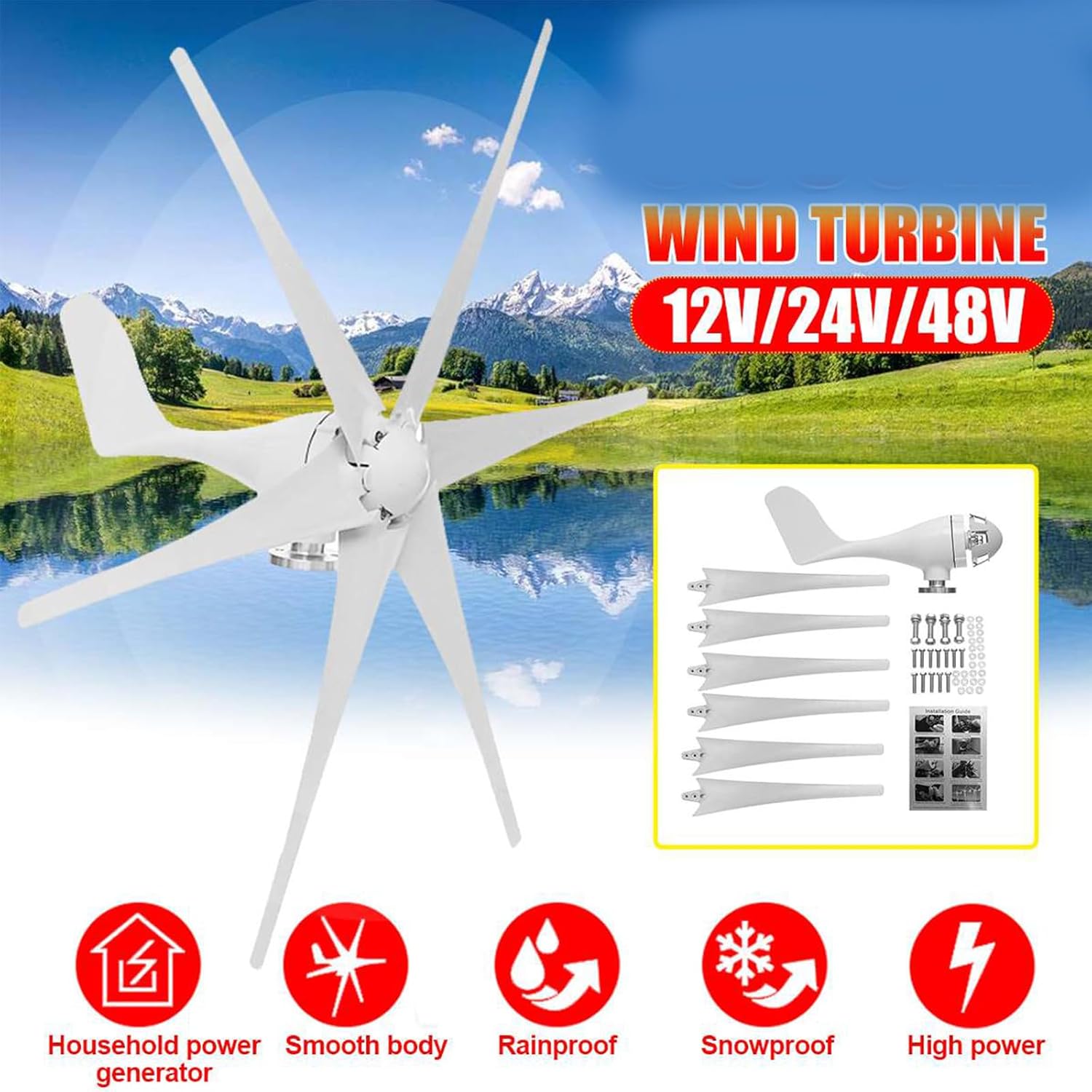 6000W Horizontal Wind Turbine Generator, 2.5M/S Start Wind Speed 24V 48V Windmill with MPPT Charger Controller System Homeuse