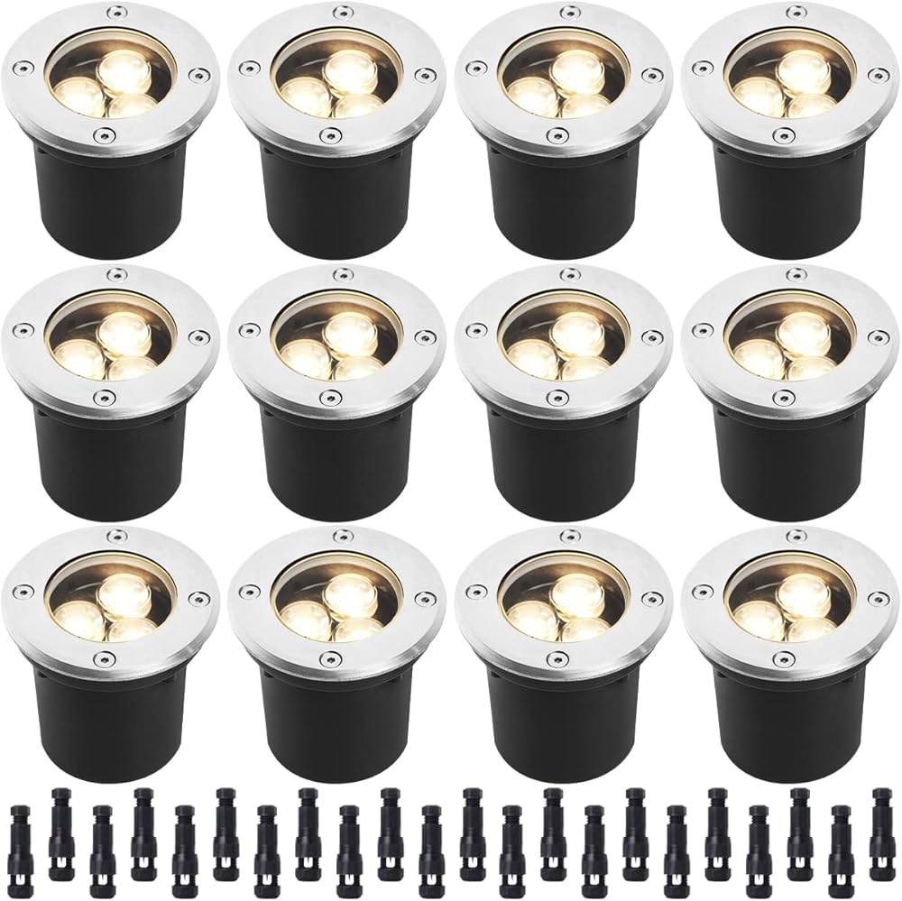 3W Led Low Voltage Landscape Lighting with Wire Connectors and Well Lights for Garden, Driveway, Deck, Tree (12 Pack)