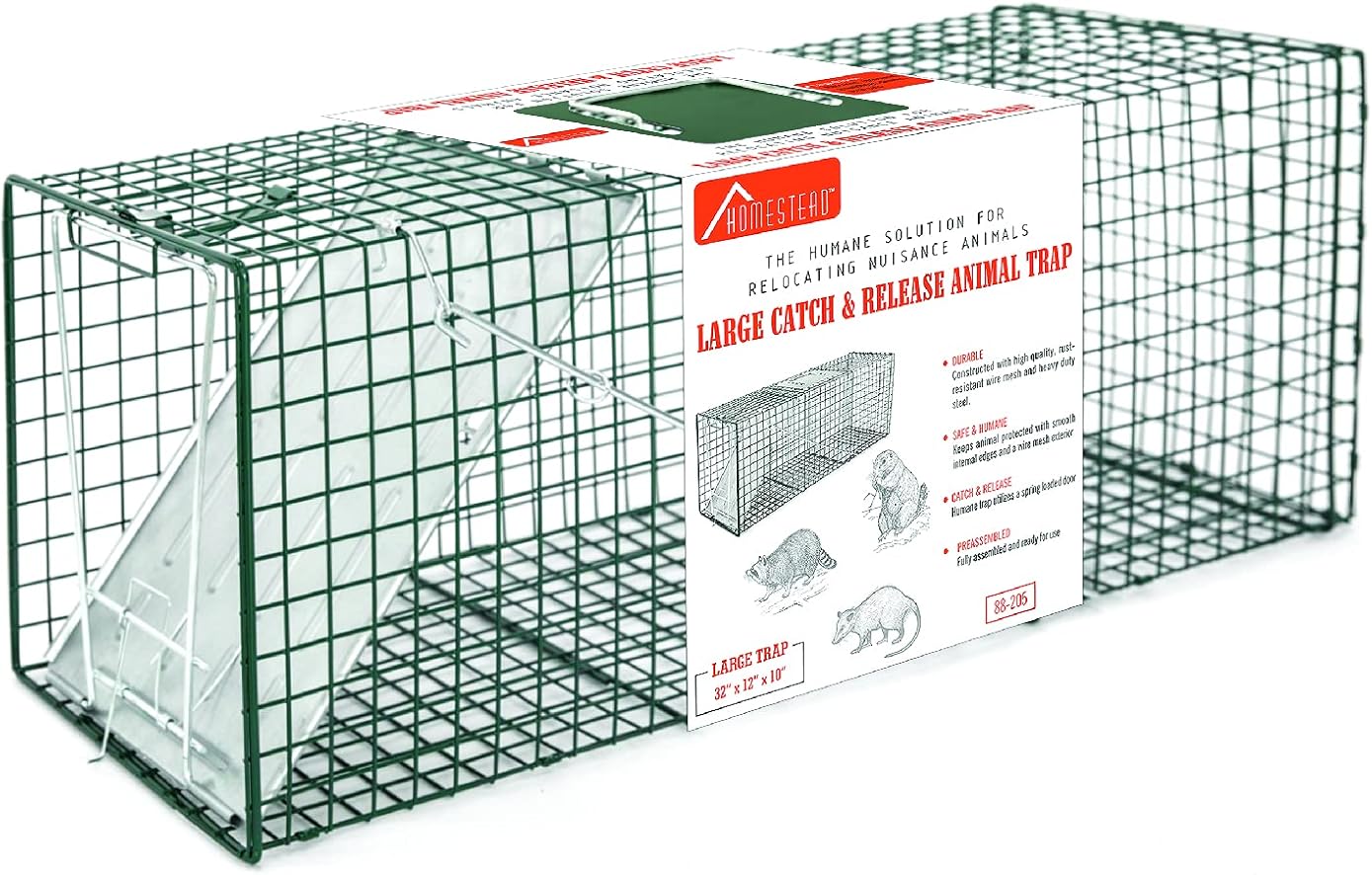 HOMESTEAD 32 Inch Live Animal Trap - Specialized for Raccoons, Opossums, Groundhogs, Skunks, Feral Cats, Squirrels - Humane Way Catch & Release Animal Trap