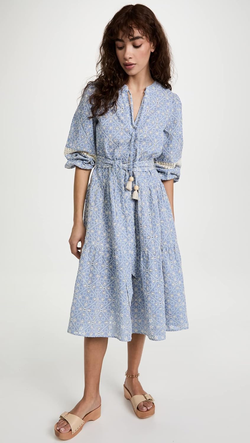 Shoshanna Womens Embroidered Chambray Umbrella Midi Dress