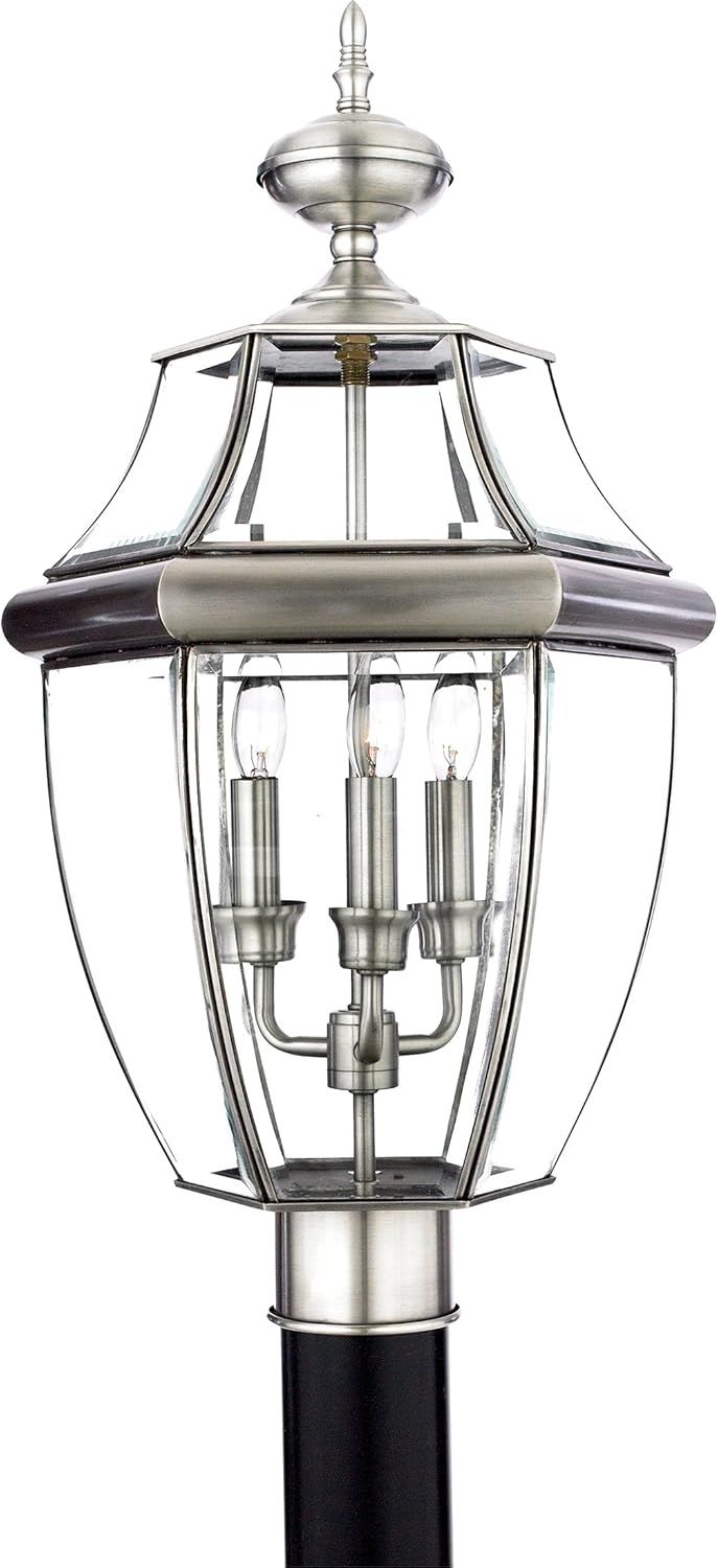 Quoizel Newbury Outdoor Post Lantern, 23 Inch 3-Light Pewter French Country Lamp Post, Outside Pole Light Fixture for Patio, Porch, Fences, Garden, Pool, Entryway or Driveway