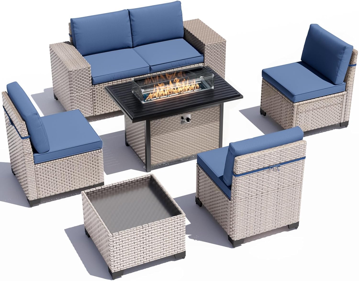 43 Inch Outdoor Propane Fire Pit 60,000 BTU Gas Fire Pits for Outside Patio with Steel Lid and Glass Wind Guard, 2-in-1 Firepit Table & CSA Certification, Grey Rattan