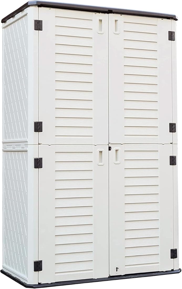 KINYING Outdoor Storage Cabinet Waterproof, Resin Vertical Outdoor Storage Shed for Patio Furniture, Garden Tools, Pool Accessories, Mower Storage (66 Cu.ft, Off White)