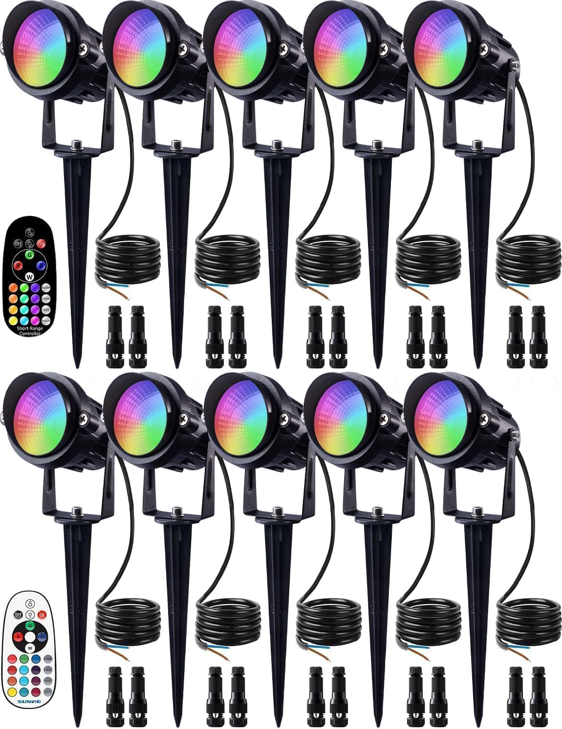SUNVIE 12W Christmas Low Voltage Landscape Lighting RGB Color Changing LED Landscape Lights Remote Control Waterproof Garden Patio Spotlight Decoration for Outdoor Indoor(10 Pack with Connector)