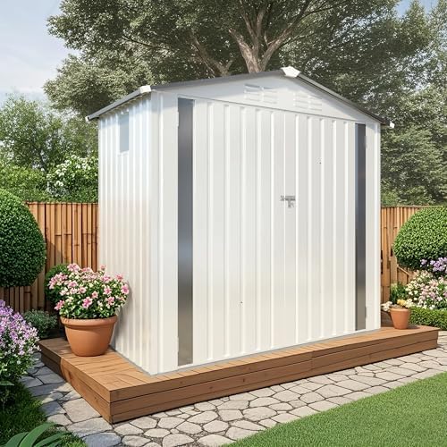Sheds & Outdoor Storage 6X4 FT,Metal Waterproof Tool Sheds with Side Window and Lockable Door,Backyard Buildings House W/Pitched Roof & Vents,for Garden,Lawn,Garbage Enclosure,White+Gray