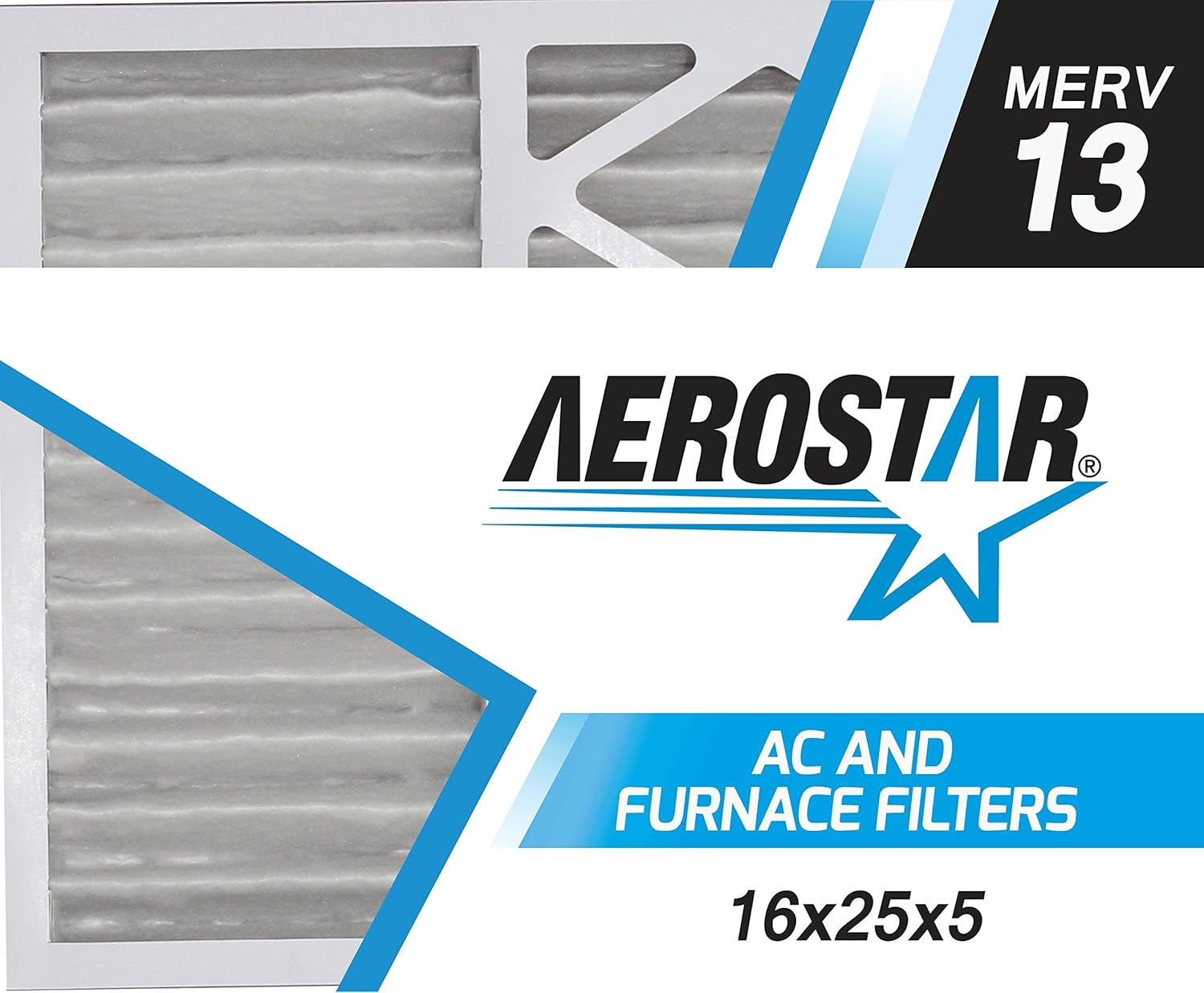 Aerostar 16x25x5 MERV 13 - 2 Count - Pleated HVAC, Furnace & Air Conditioner Filters - Removes Bacteria, Dust, Cold & Flu Germs, Lint, Mold, Pet Dander, Allergy-Causing Pollen, Smog, Smoke & Viruses