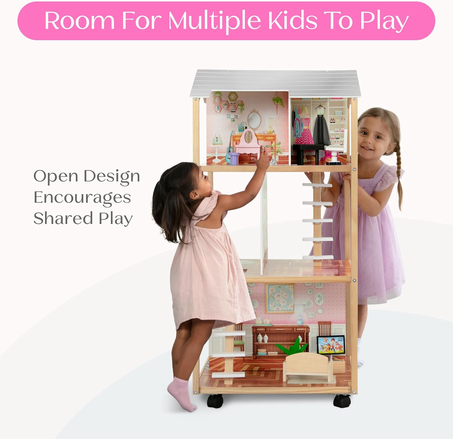 Delta Children Moveable Mansion Dollhouse - 360-Degree Play Dollhouse with Wheeled Base - Includes 16 Accessories - Fits 12-inch Dolls - Pretend Play Dream Gift for Ages 3+